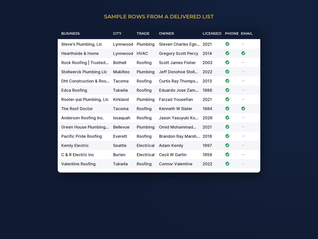 Custom Business List: Your City, Your Category, Built in One Business Day: Sample rows from a delivered list
